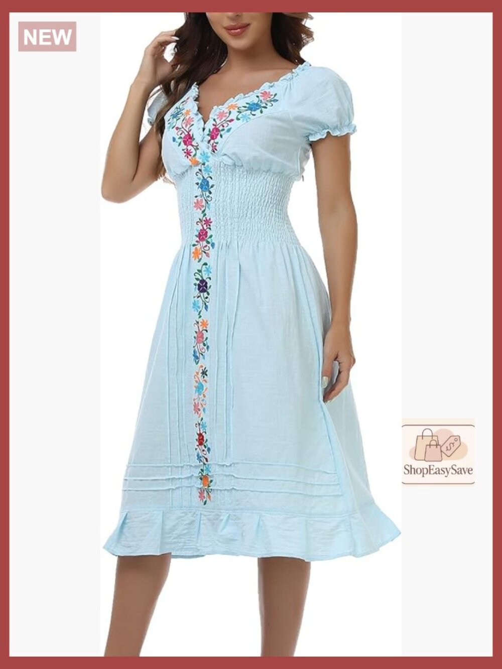 Mexican Embroidered Casual Dress Ruffle V Neck Short Sleeves Smocked Waist